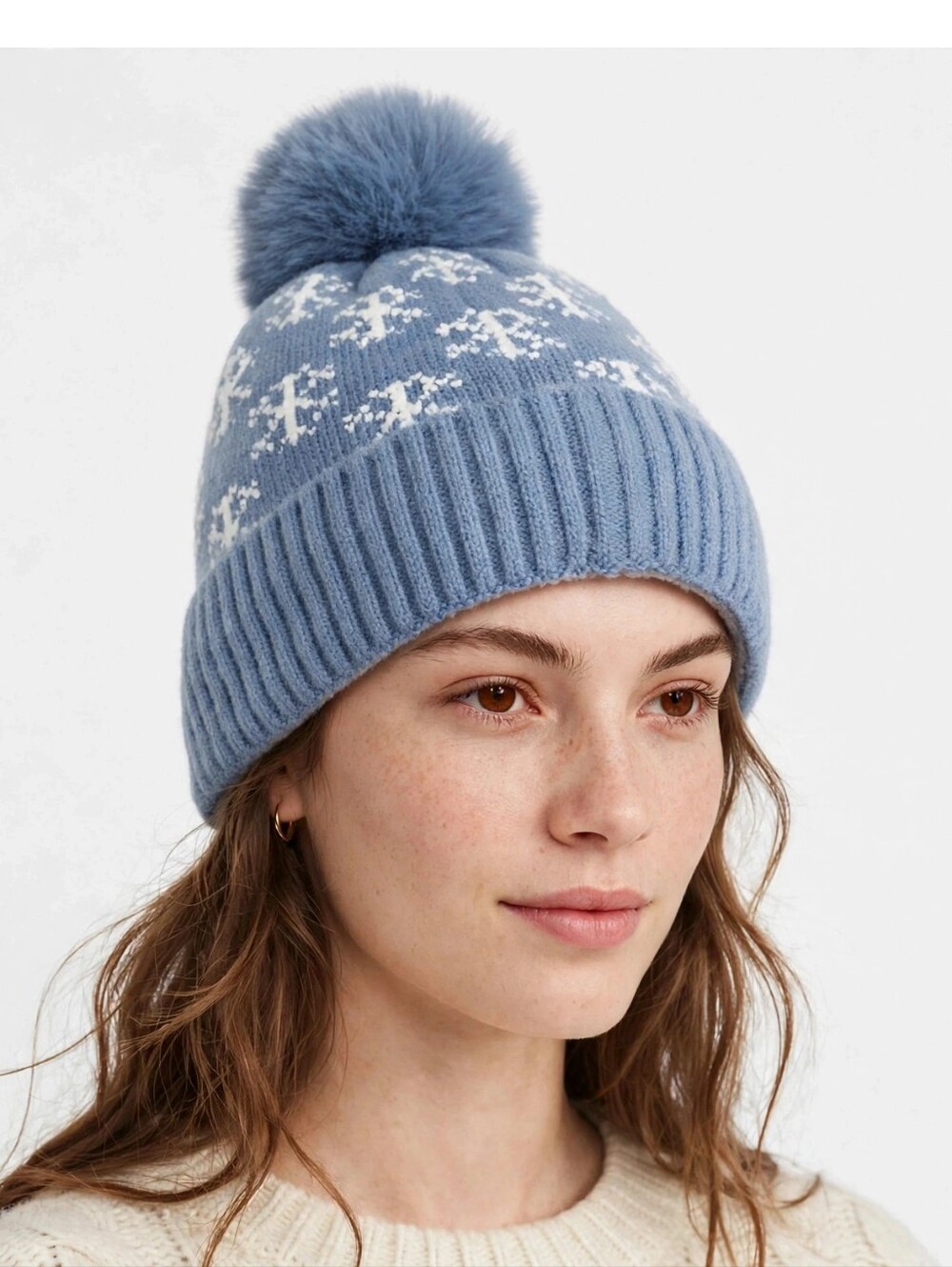 L.I.B. New York Women Winter Beanie Hat Blue Snowflake Faux Fur Pom Fleece Lined